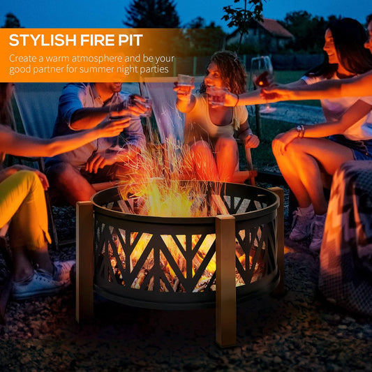2-in-1 Bowl Fire Pit with BBQ Grill Grate 30" Spark Screen Cover
