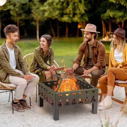 Modern Square Pit with Screen Cover, Wood Burner, Log Burning Bowl